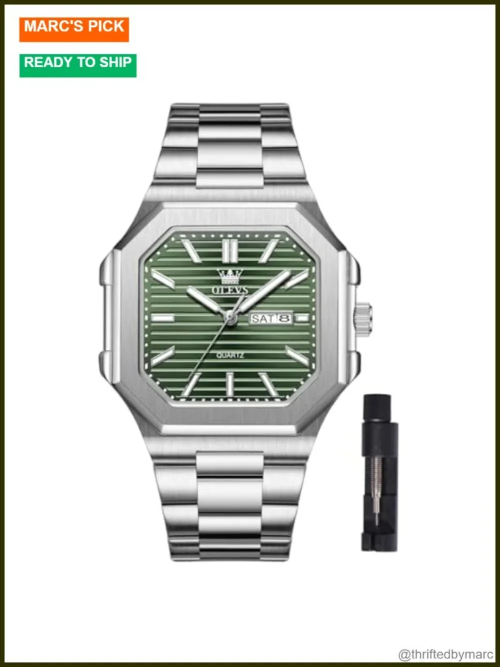 Octagonal Design Day-Date Quartz Watch with Stainless Steel Bracelet
